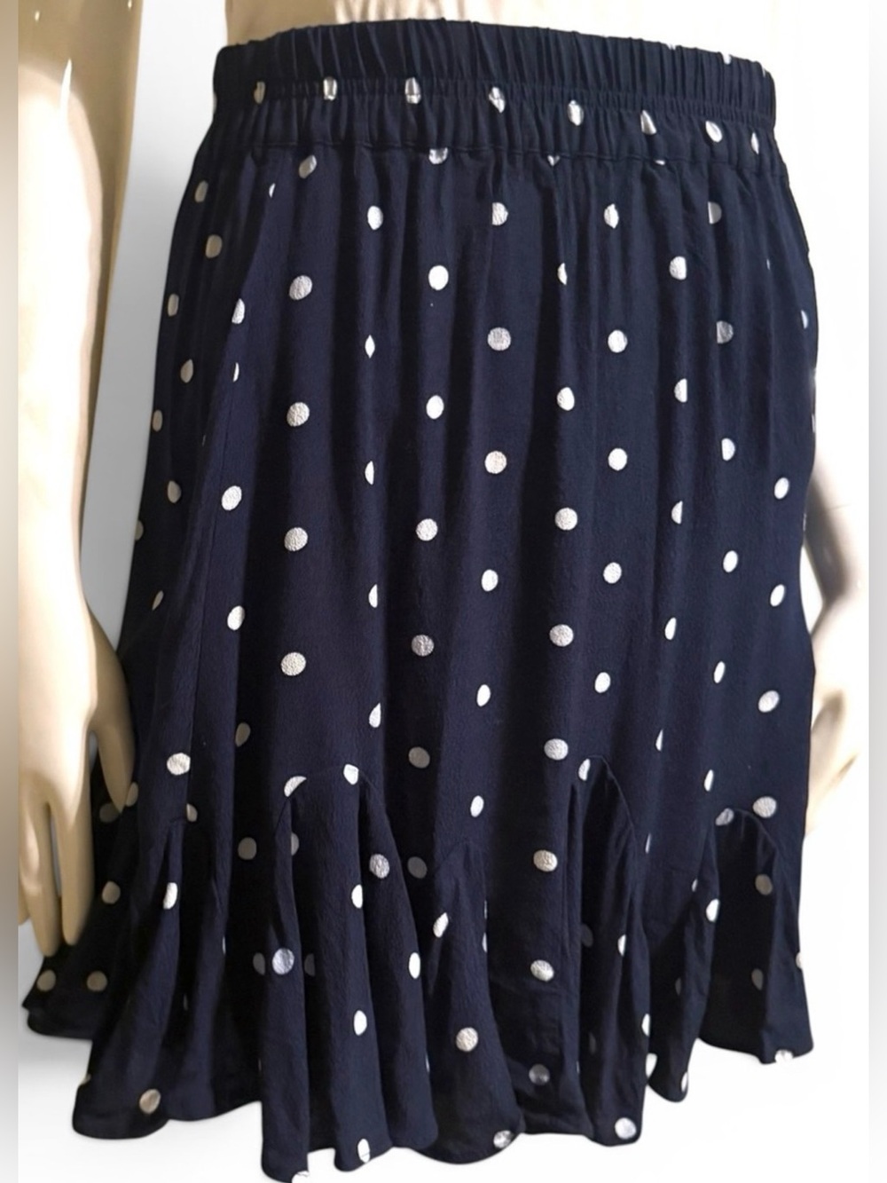 LOFT Skirt Blue White Polka Dots Ruffle Hem Pull On Waist Knee Length Women XS